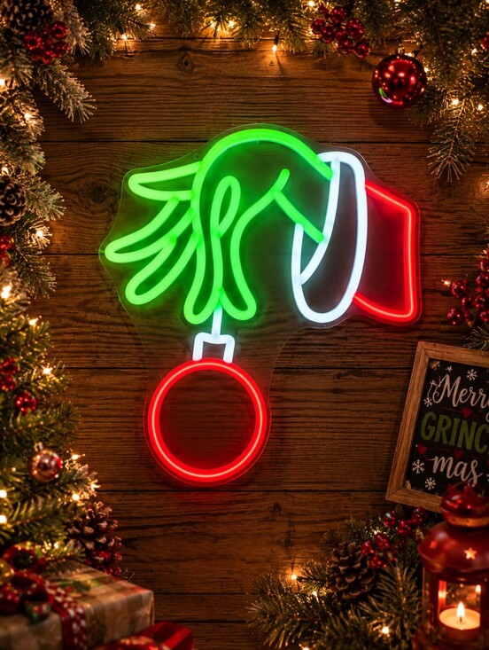 Other - Christmas Neon LED Grinch-Inspired Hand Holding Ornament Wall Sign NIB